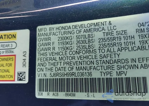 2024 Honda Cr-V Hybrid Sport Touring z USA, uszkodzony, nr VIN 5J6RS6H99RL036136